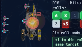 A combat replay showing strike fighters attacking an enemy carrier, with the dice rolls and to-hit modifiers behind the result