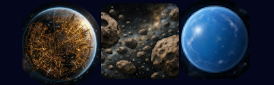 Three star systems of different types — a warp-lane hub, an asteroid field, and an ocean world