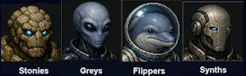 Portraits of four rival races — Stonies, Greys, Flippers and Synths — from the diplomacy sidebar