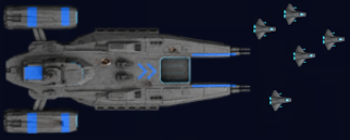 A capital ship under way with a squadron of fighters trailing behind it
