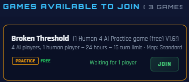 The lobby list showing an open game, Broken Threshold, waiting for one more player alongside a Join button