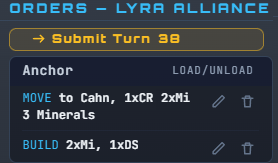 The orders panel, showing move, build and ambush orders queued for several systems